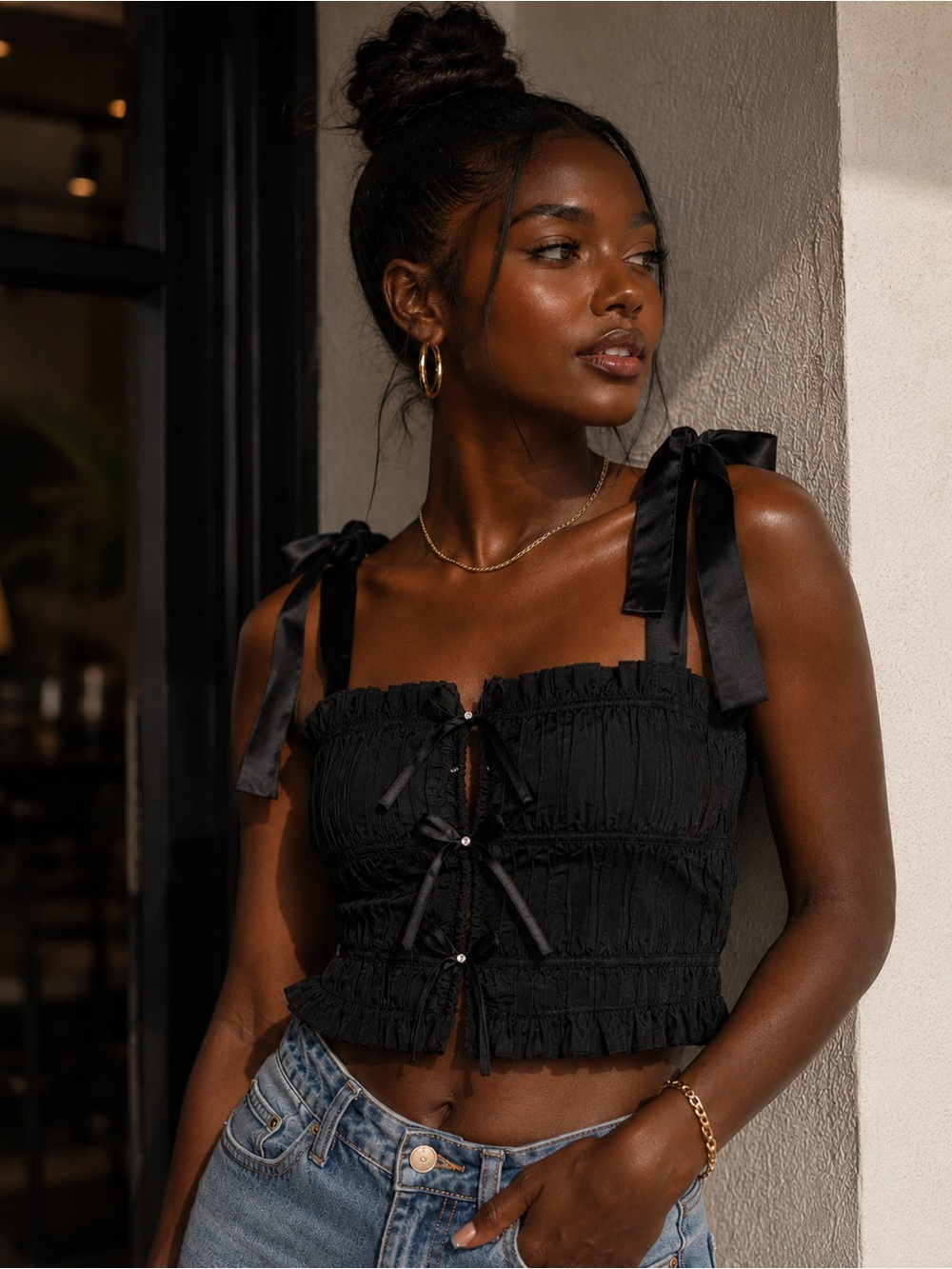Zara Black Ruched Tie-Front Crop Top